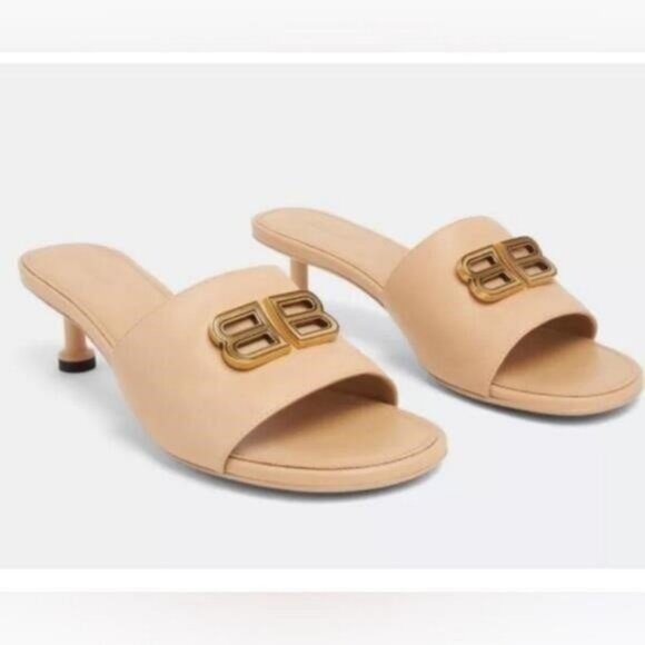 New Authentic- BALENCIAGA Groupie BB Logo Slide Sandal - Seashell/ Gold Size395 - Picture 13 of 14